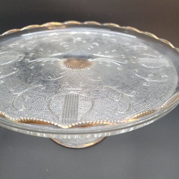 Vintage Glass Cake Plate Jeanette Harp Design Gold Edged Scalloped Dish DD03 - Picture 4 of 7